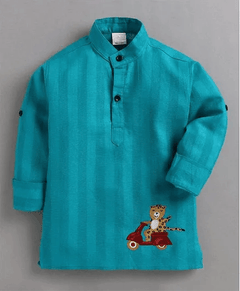 Polka Tots Tiger Embroidered Full Sleeves Kurta - Aqua