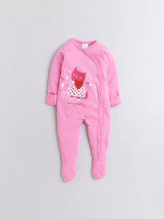 Polka Tots Full Sleeves Folded Mittens Style Cat Print Footed Romper - Pink