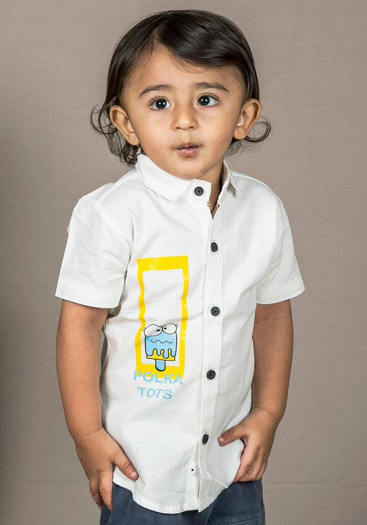 Polka Tots Half Sleeves Brand Name With Ice Cream Print Shirt - White
