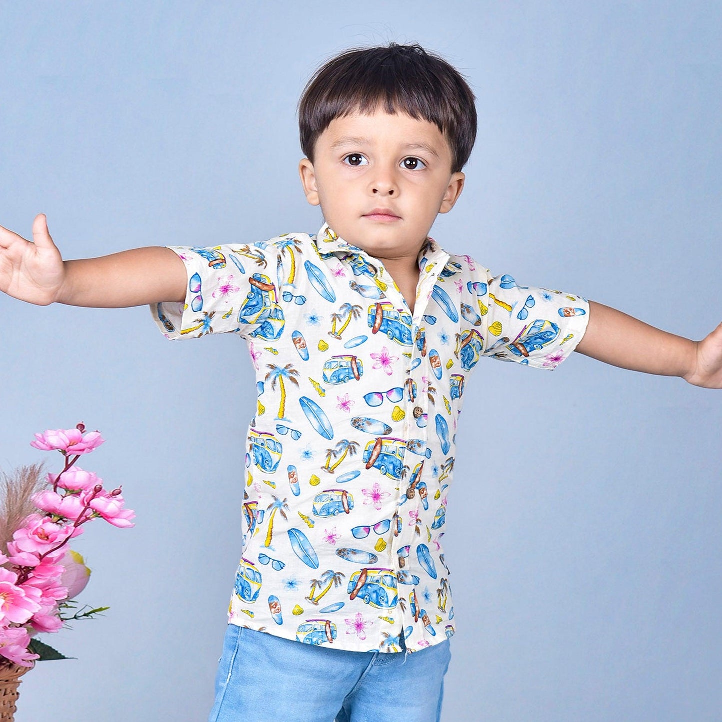 Polka Tots Half Sleeves Shirt Beach Print - Cream and Blue