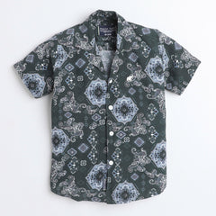 Polka Tots Cotton Half Sleeves Floral Printed Shirt - Dark Green