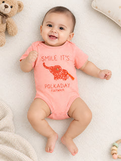 Polka Tots Half Sleeve Rompers Onesie Antibacterial Fabric Elephant Peach