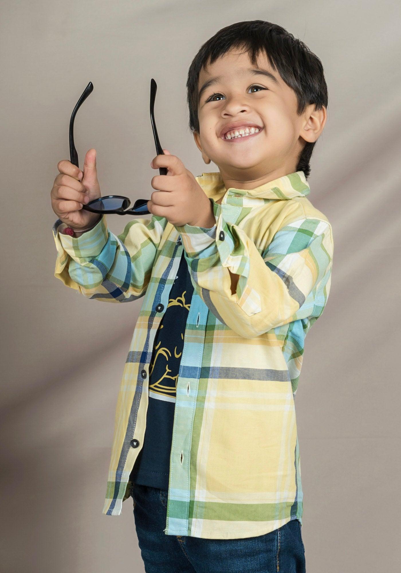 Polka Tots Good at Naps Checks print Tshirt shirt - Yellow