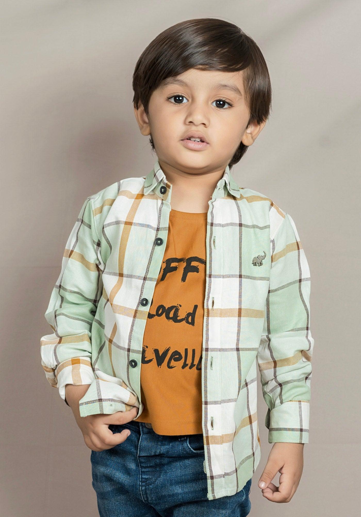 Polka Tots Full Sleeves Off Road Traveller Checks print Tshirt shirt - Green