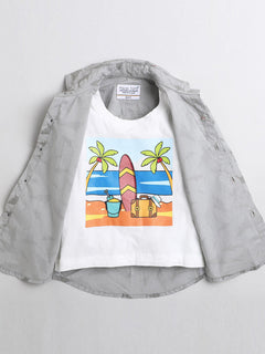 Polka Tots Cotton Full Sleeves Dolphin Print Shirt With Attached Tshirt - Grey