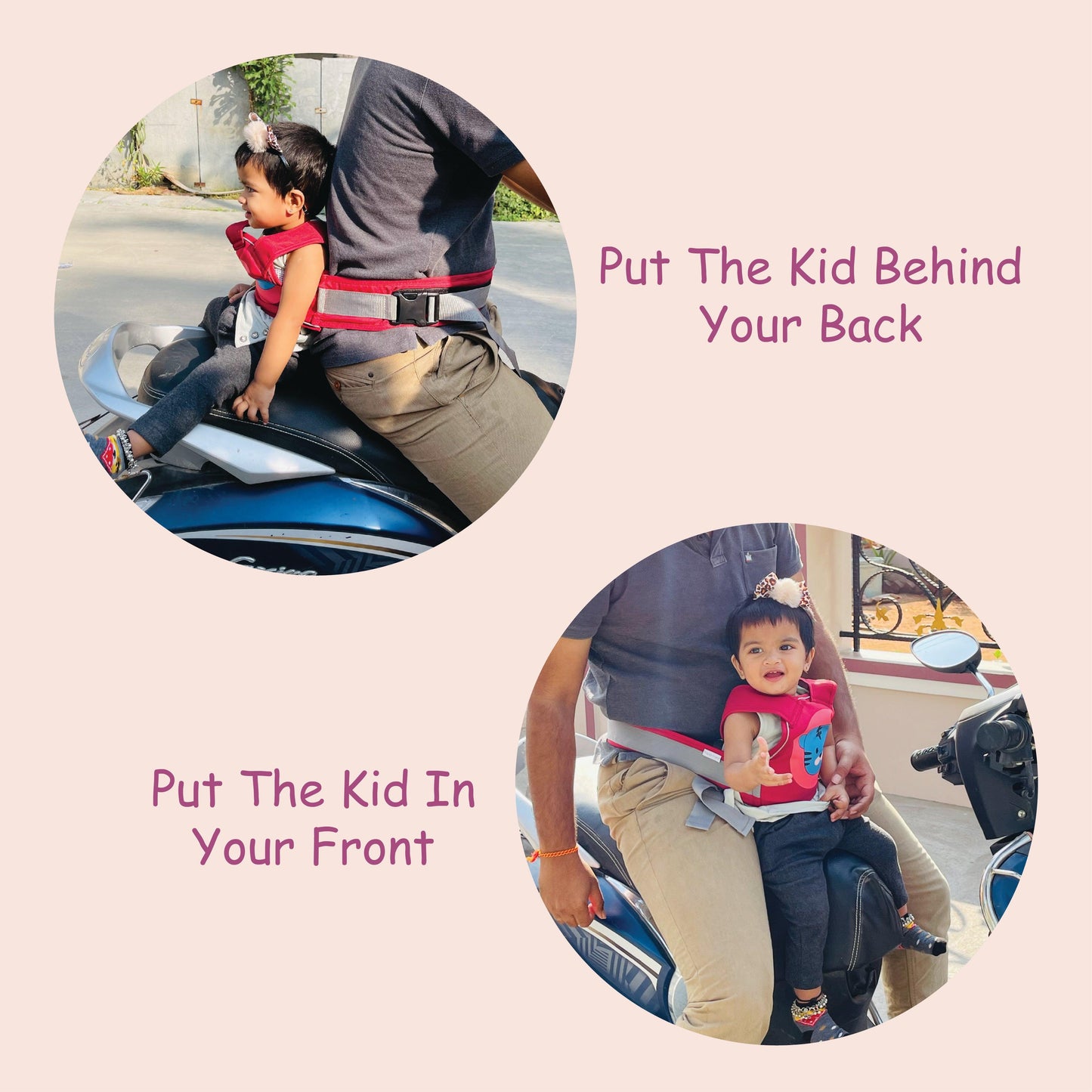 Baby Safety Travel Belt, Two Wheeler Baby Carrier for Kids Pink Color (Elephant)