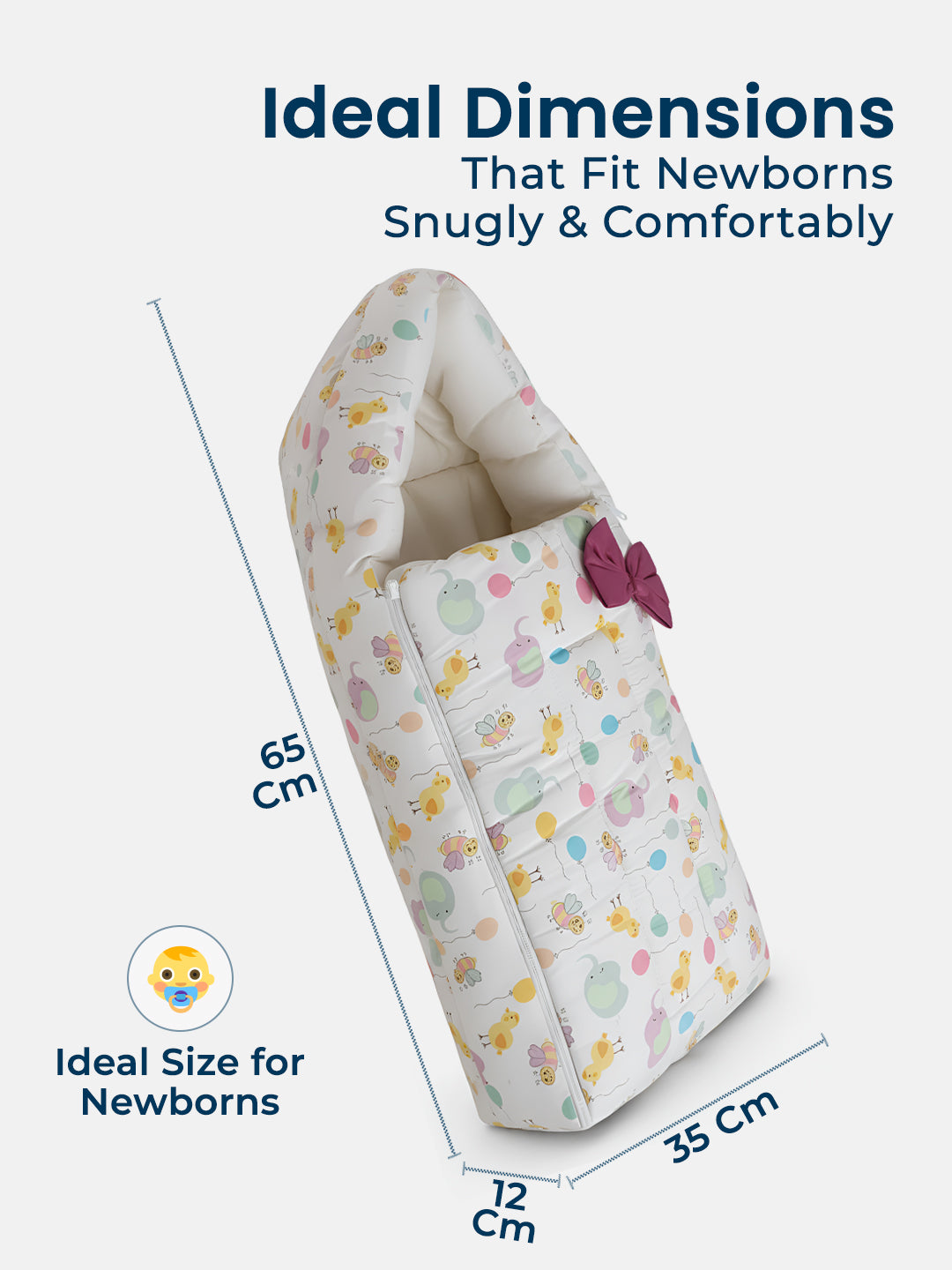 Baby carrier with dimensions labeled on a white background