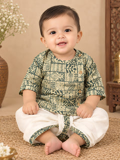 Polka Tots 100% Super Soft Cotton Full Sleeve Geometric Print Angrakha Top With Dhoti - Cream & Grey
