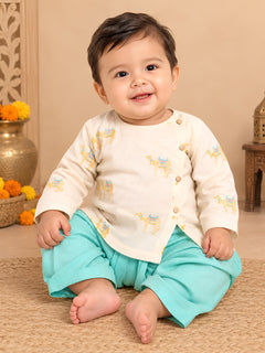 Polka Tots Full Sleeve Camel Embroidery Angrakha Top With Dhoti - cream
