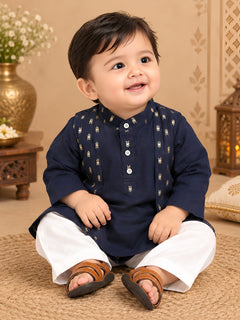 Polka Tots Full Sleeve Ethnic Motif Kurta Pyjama Set with Attached Koti - Navy