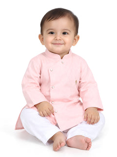 Polka Tots Full Sleeve Solid Ethnic Kurta Pyjama Set - Peach