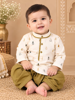 Polka Tots Full Sleeve Christmas tree Embroidery Kurta With Dhoti Set - Brown