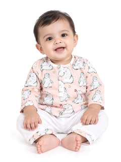 Polka Tots Bear print Full sleeves Nightwear Kurta pyjama set - White