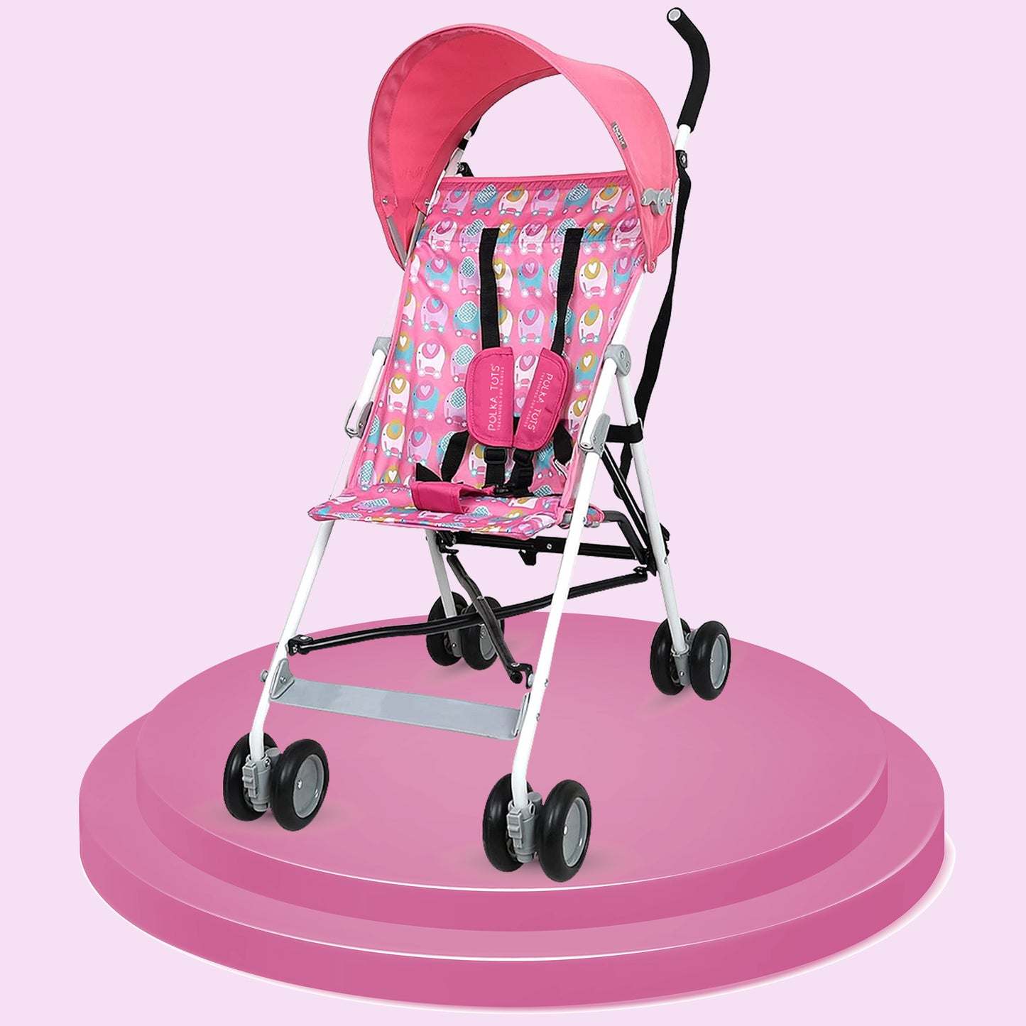 Polka Tots Compact Stroller for Newborn Foldable Pram for Babies EasyDrift Buggy Stroller (Elephant - Pink)