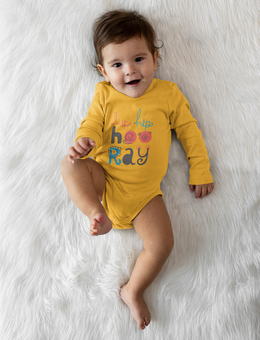 Polka Tots Full Sleeve Romper Onesie with Folded Mittens 100% Super Soft Cotton Hip Hip Hooray Yellow