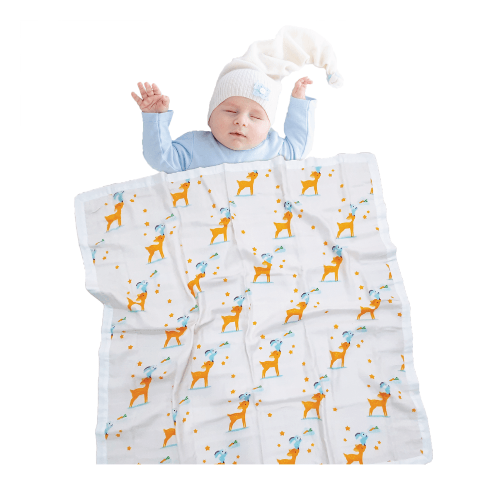 Polka Tots Organic Muslin Cotton two Layer Blanket SuperSoft Size 110 x 110 CM (Deer)