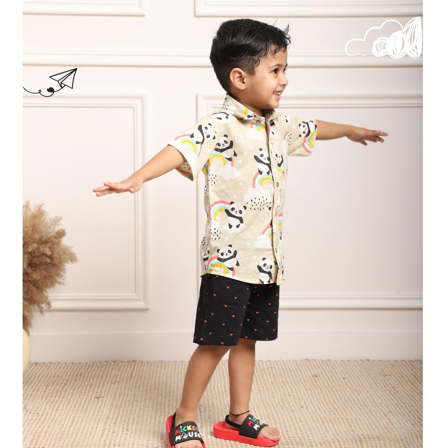 Polka Tots Half Sleeves Panda Rainbow Print Shirt - Cream