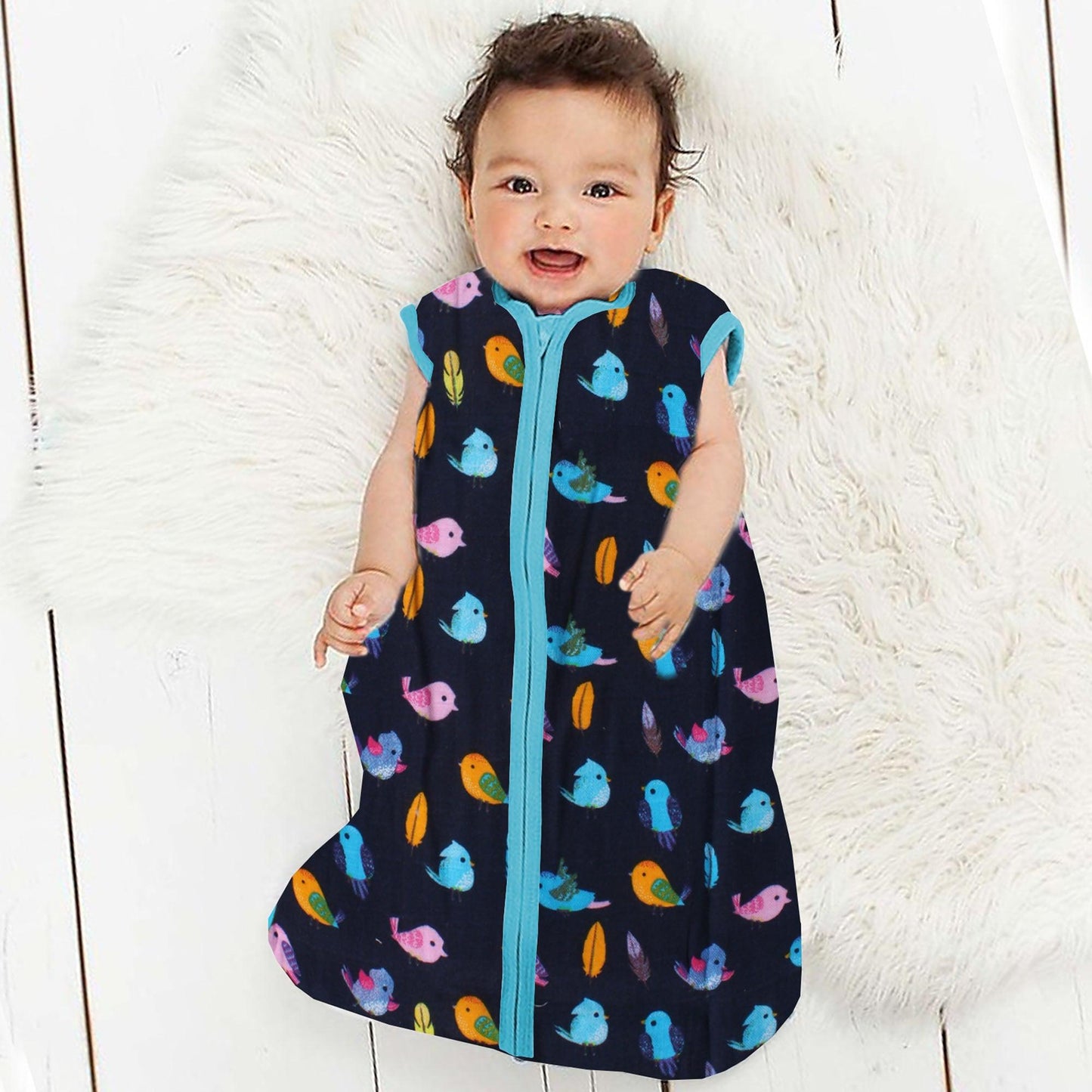 Polka Tots Organic Muslin Cotton Two Layer Sleeping Bag with 2 Way Zipper (Bird)