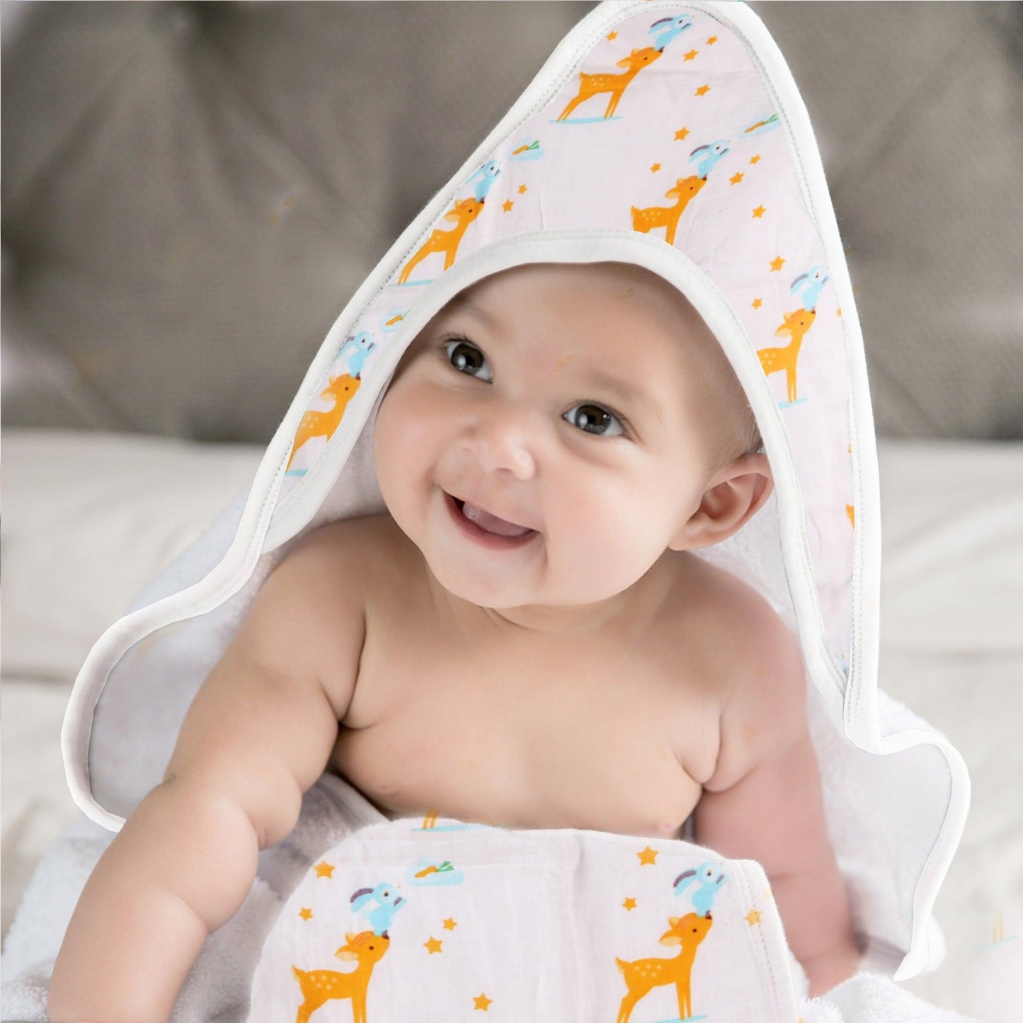 POLKA TOTS Soft Organic Dual Layer Muslin Cotton and Terry Hooded Baby Towel Soft Absorbent (Deer)