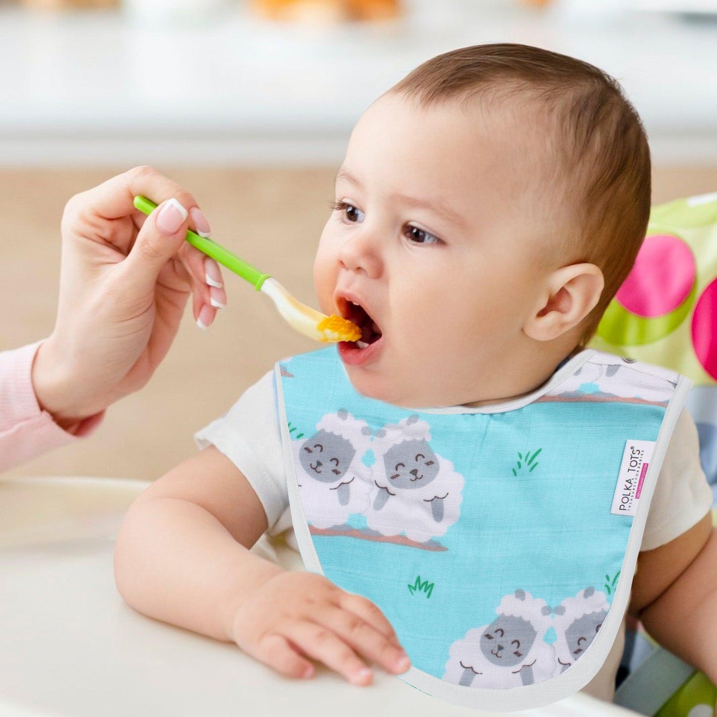 Polka Tots Organic Muslin Cotton Bibs with Three Layers (Sheep)