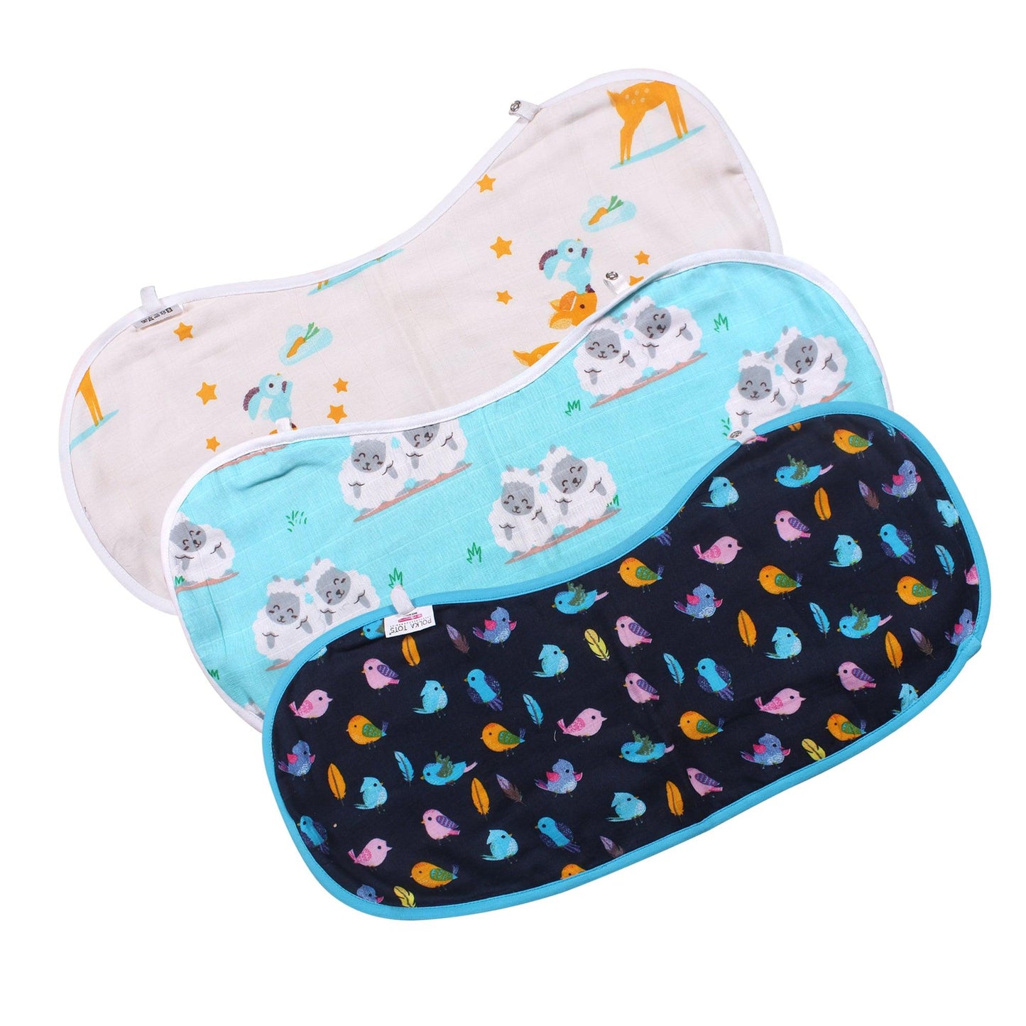 Polka Tots Organic Burp Cloth Muslin Cotton 3 Layer Napkin (Pack of 3) (Design: Bird, Sheep, Deer)