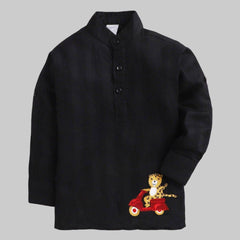 Polka Tots Tiger Embroidered Full Sleeves Kurta - Black