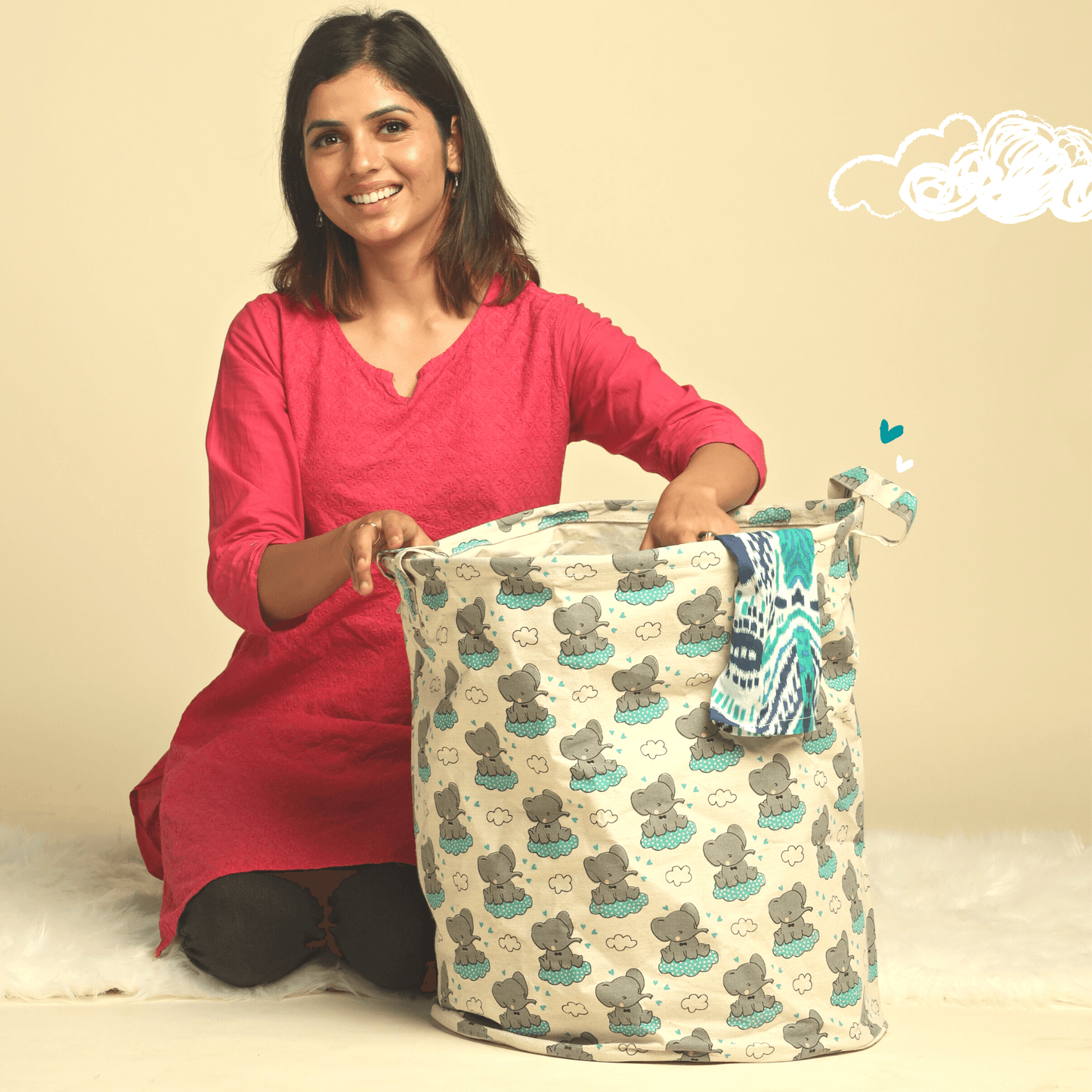 Polka Tots Laundry Bag Canvas Storage Bag Baby Elephant Print