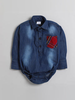 Polka Tots Full Sleeve Denim Shirt Romper- Single Red Cheks Pocket - Blue Denim