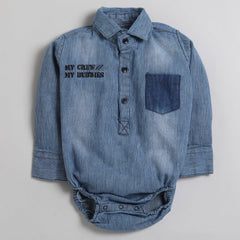 Polka Tots Full Sleeve Denim Shirt Romper- My Crew My Buddies with pocket- Blue Denim