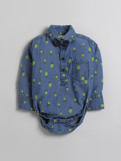 Polka Tots Full Sleeve Denim Shirt Romper- Guava with bow tie - Blue Denim