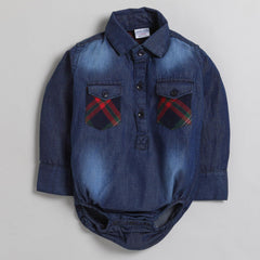 Polka Tots Full Sleeve Denim Shirt Romper- Dual Red Checks Pocket - Blue Denim