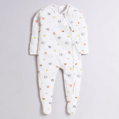Polka Tots Full Sleeve Footed Romper with Folded Mittens 100% Super Soft Cotton Mix Print White
