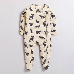 Polka Tots Full Sleeve Footed Romper with Folded Mittens 100% Super Soft Cotton Animals Cream