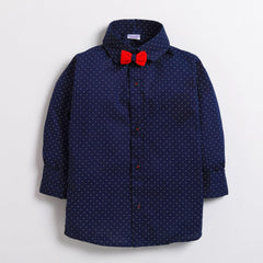 Polka Tots Partywear Full Sleeve Printed Shirt with Velvet Bow Tie 100% Cotton Navy Blue