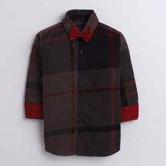 Polka Tots big checks red bow tie shirt - Brown