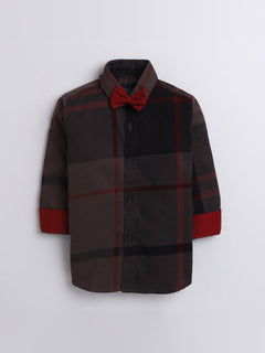 Polka Tots big checks red bow tie shirt - Brown
