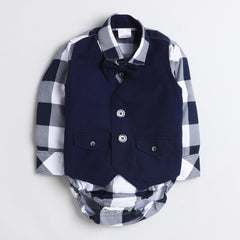 Polka Tots Full Sleeve Onesie with Waistcoat and Bow tie Blue