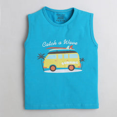 Polka Tots Sleeve Less T-Shirt Catch a Wave Bus Print - Blue