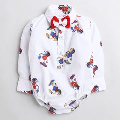 Polka Tots Full Sleeve Robot print Onesie with bow tie - White