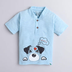 Polka Tots Half Sleeve Mandarian Collar 100% Cotton Dog Blue