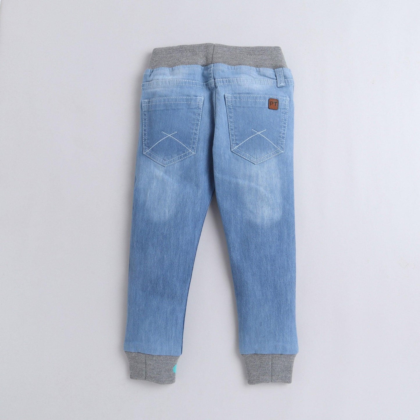 Polka Tots Denim Jeans With Waist & Bottom Grey Rib Sky Blue