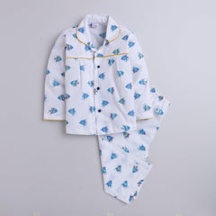 Polka tots Full Sleeve Night Suit Pair White (Fish)