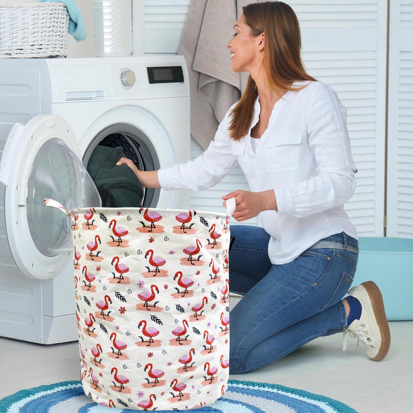 Polka Tots Laundry Bag Canvas Storage Bag Flamingo Print