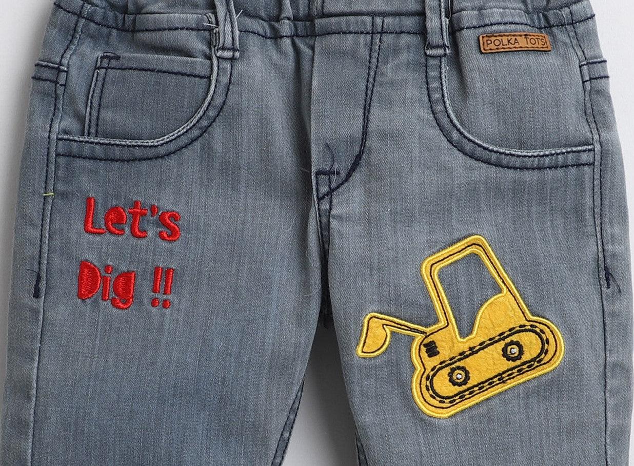 Polka Tots Lets Dig Excavator Patch Denim Pant - Grey