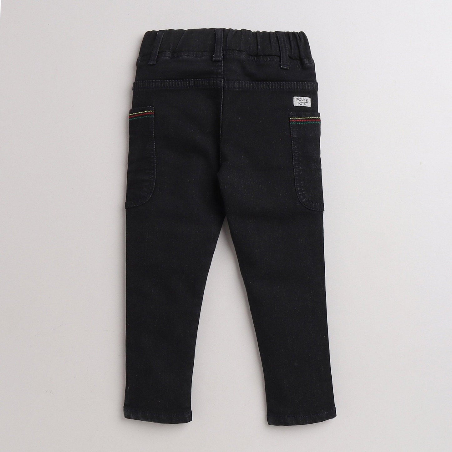 Polka Tots 3 Color Thread Line Embroidery Pocket Denim Pant - Black