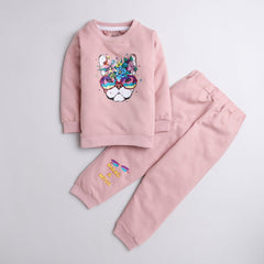 Polka tots make a wish print full sleeve tshirt with lounge pant set - pink