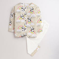 Polka Tots Panda Rainbow Print Front Open Full sleeves Nightwear Kurta pyjama set - Cream