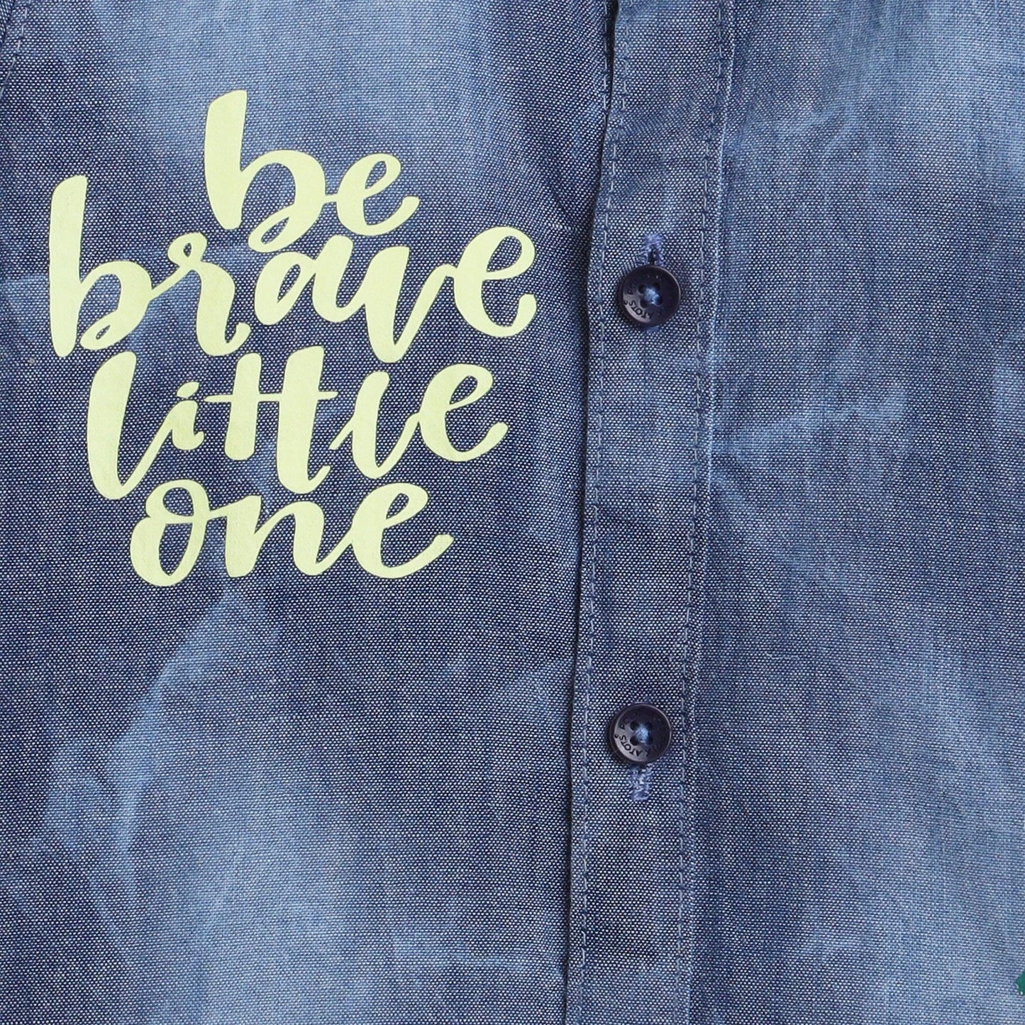 Polka Tots Full Sleeve Denim Kids Shirt Be Little Brave Frog Print - Blue