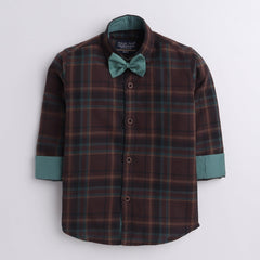 Polka Tots checks full sleeves shirt with blue bow tie elbow patch - Brown