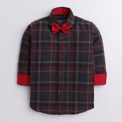 Polka Tots checks full sleeves shirt with blue bow tie elbow patch - Red
